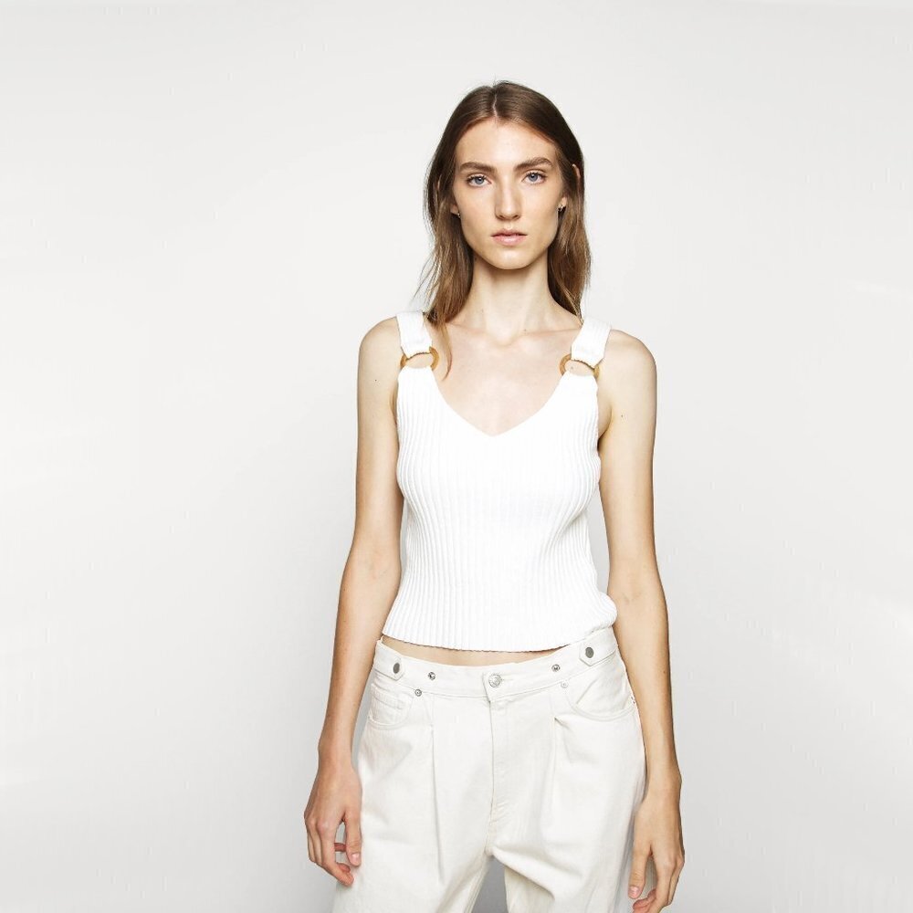 NWT Club Monaco cream ribbed ring accent linen cotton blend tank top
